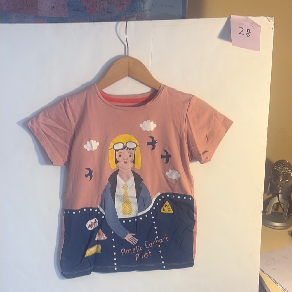 Whimsical Amelia Earhart Pink and Blue Short Sleeve Tee with Space Design